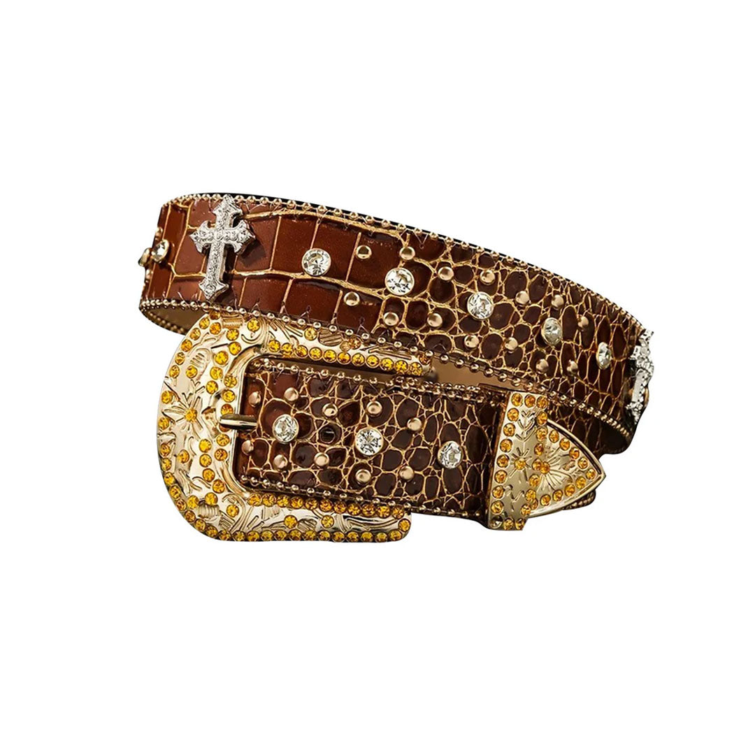 Patterned Brown Strap With Crystal & Metal Studded Cross Belt