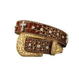 Patterned Brown Strap With Crystal & Metal Studded Cross Belt