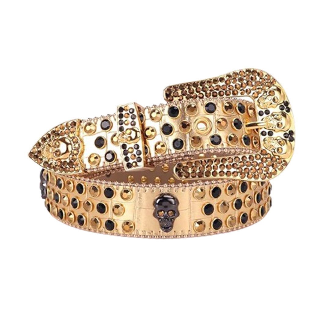 Skull Buckle Gold Strap With Gold & Black Studded Rhinestone Belt