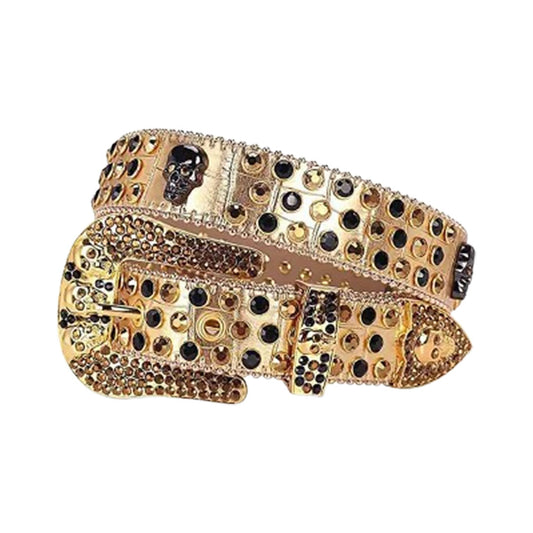 Skull Buckle Gold Strap With Gold & Black Studded Rhinestone Belt