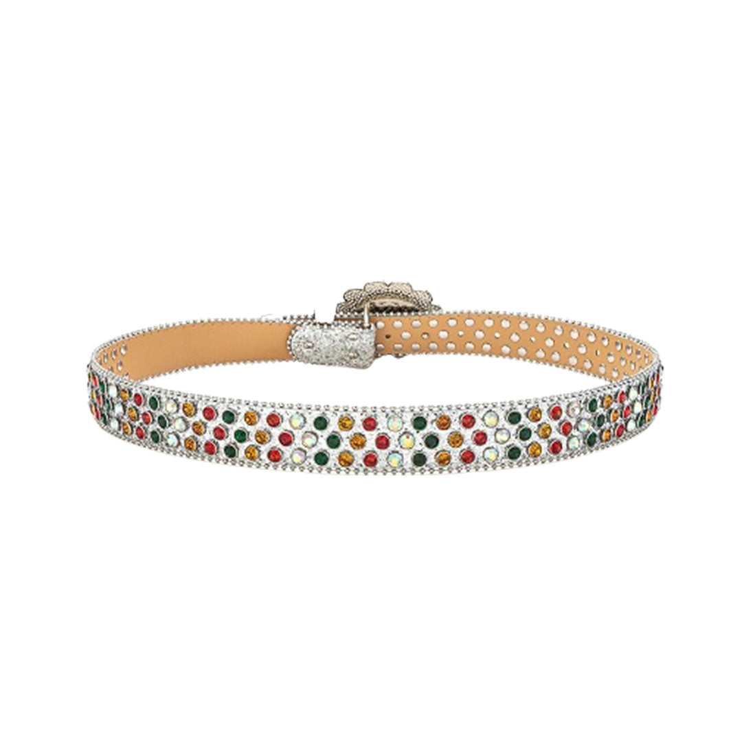 Floral Buckle Silver Strap With Multi Studded Rhinestone Belt