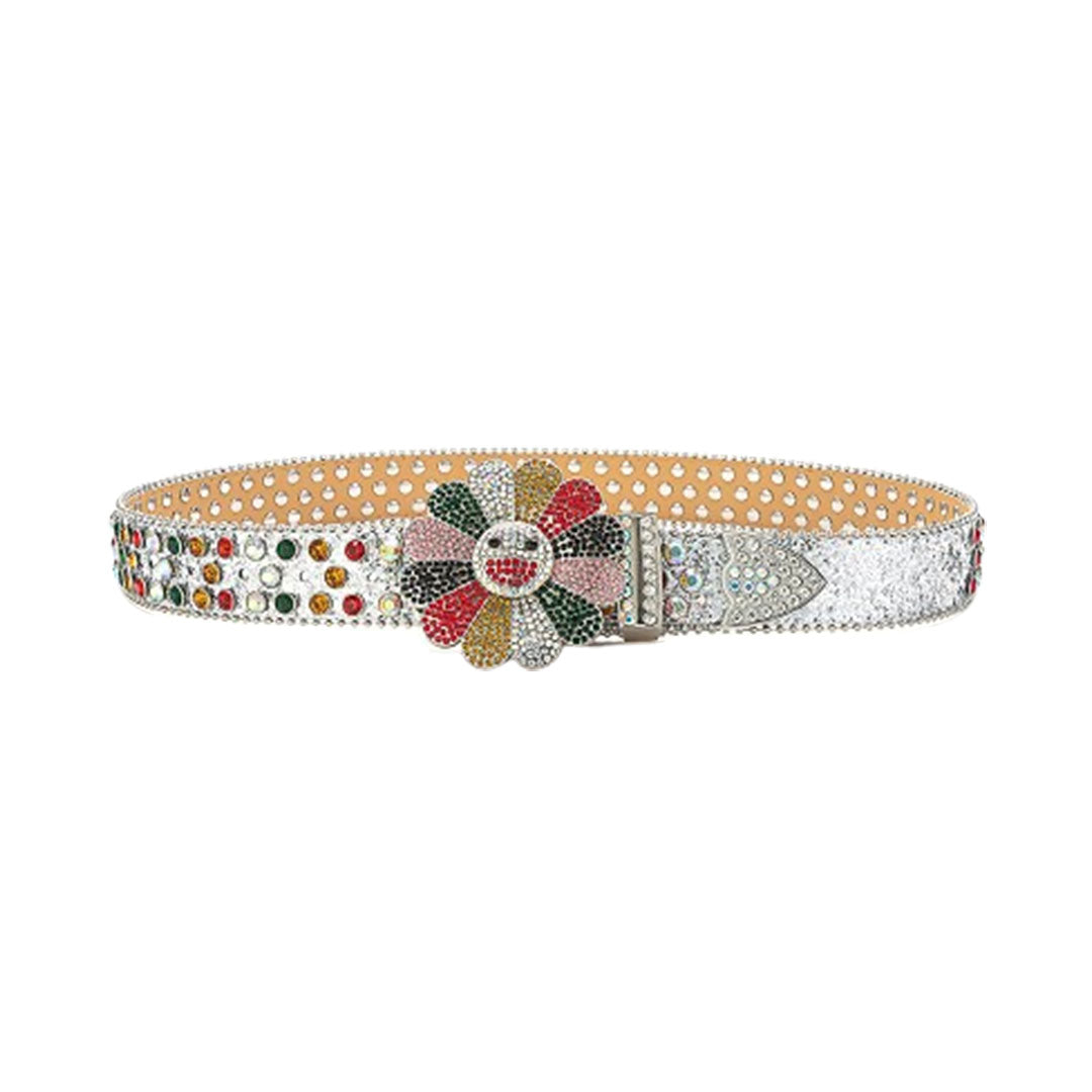 Floral Buckle Silver Strap With Multi Studded Rhinestone Belt