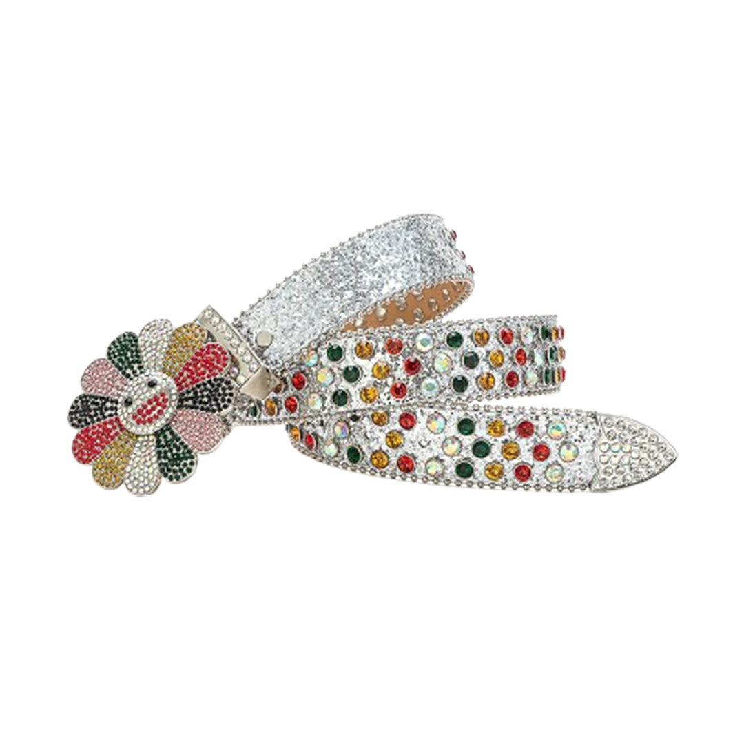 Floral Buckle Silver Strap With Multi Studded Rhinestone Belt