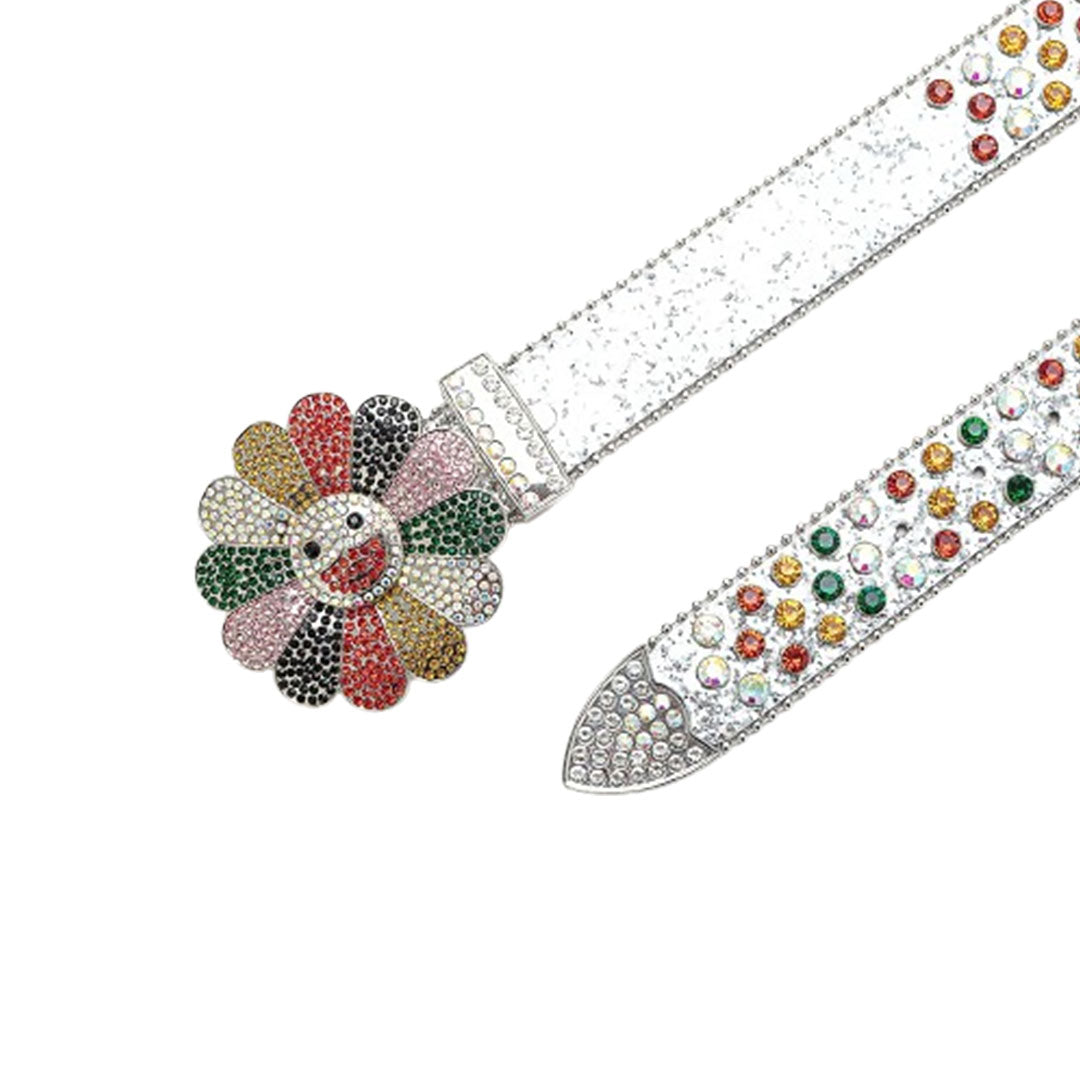 Floral Buckle Silver Strap With Multi Studded Rhinestone Belt