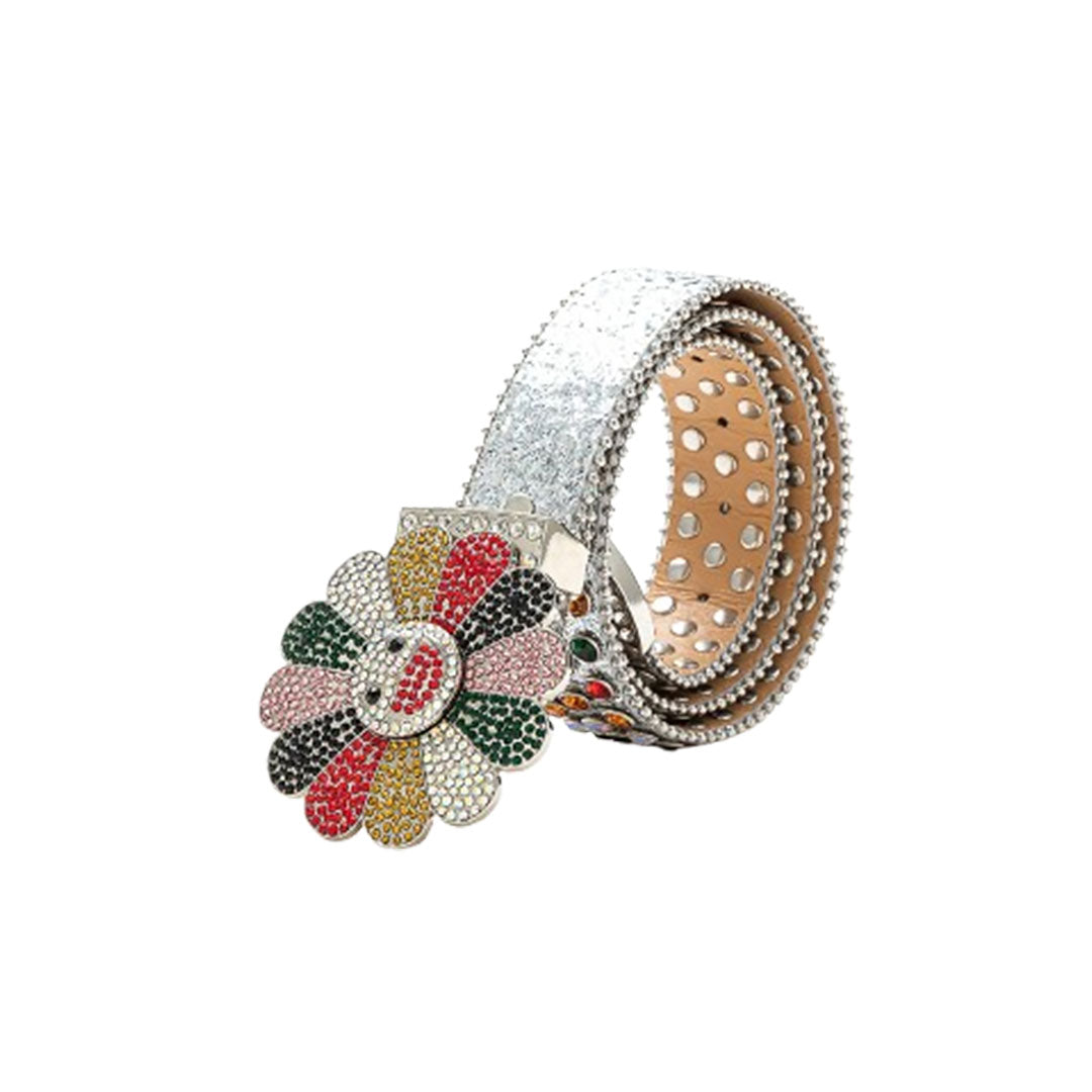 Floral Buckle Silver Strap With Multi Studded Rhinestone Belt