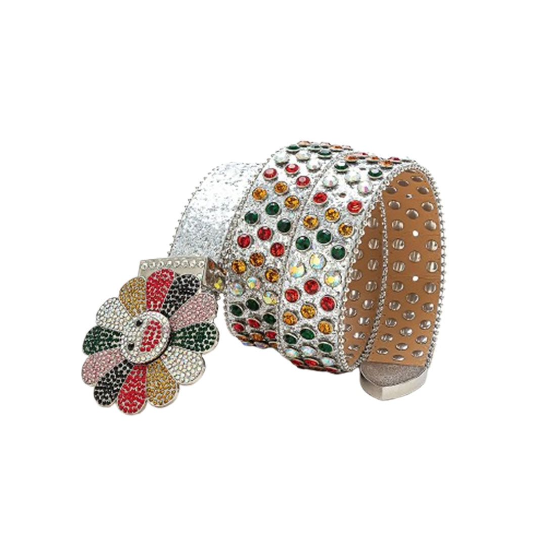 Floral Buckle Silver Strap With Multi Studded Rhinestone Belt
