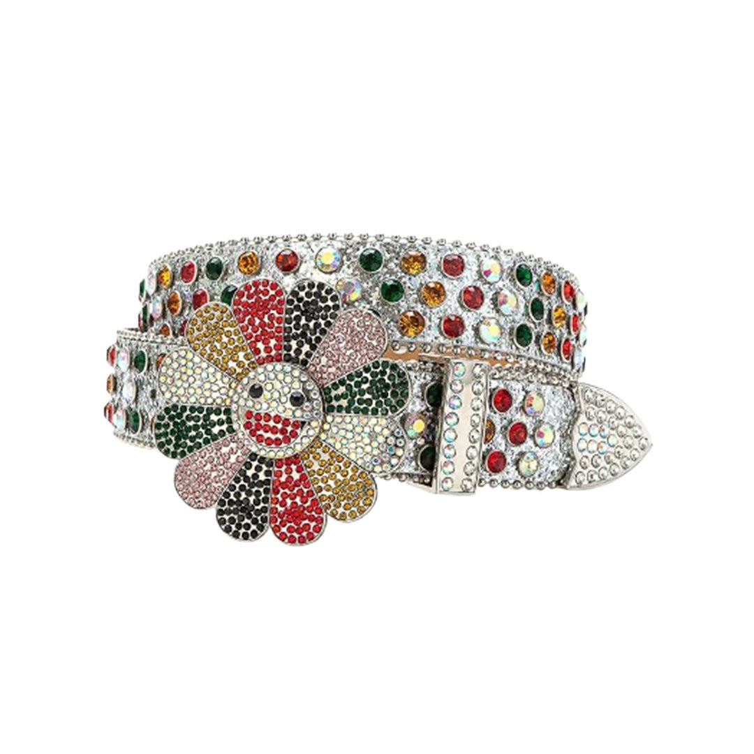 Floral Buckle Silver Strap With Multi Studded Rhinestone Belt