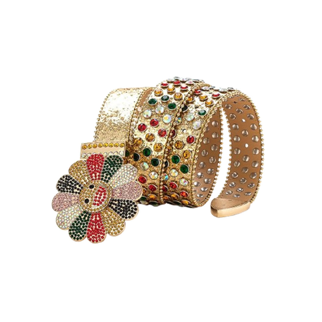 Floral Buckle Gold Strap With Multi Studded Rhinestone Belt