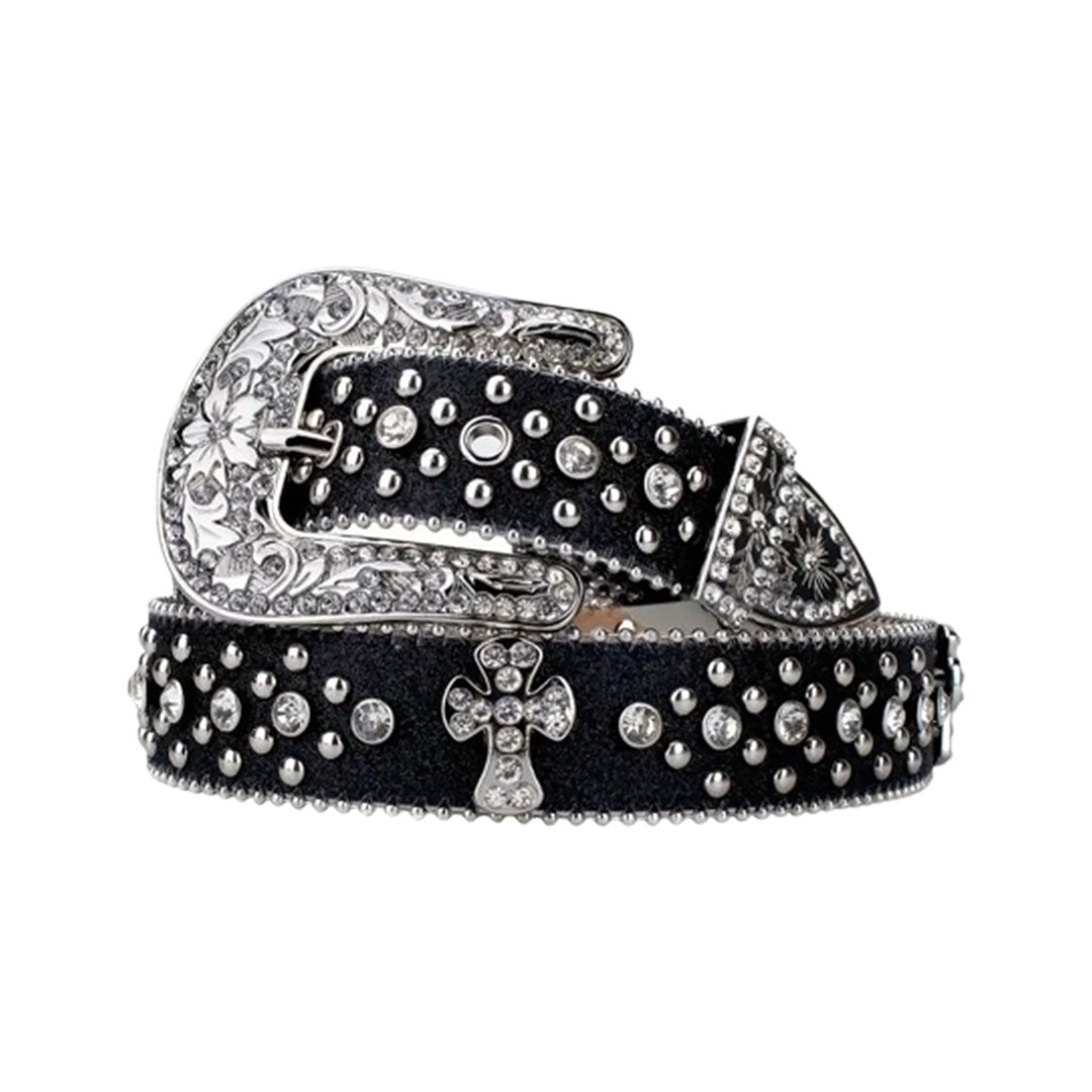Cross Bling Black Strap With Crystal Studded Rhinestone Belt