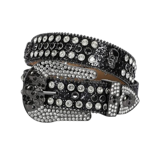 Skull Buckle Black Strap With Crystal & Black Studded Rhinestone Belt