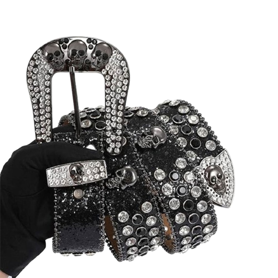 Skull Buckle Black Strap With Crystal & Black Studded Rhinestone Belt
