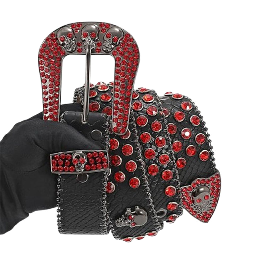 Skull Buckle Black Strap With Red Studded Rhinestone Belt