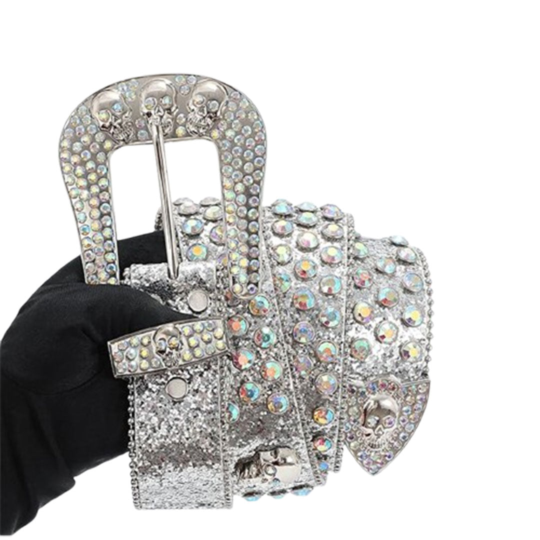 Skull Buckle Shiny Silver Strap With Crystal Studded Rhinestone Belt