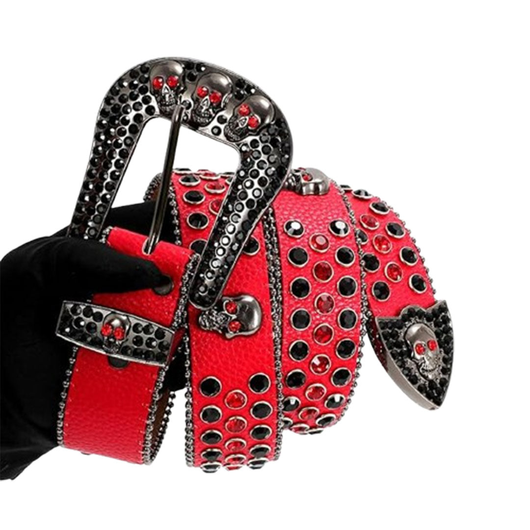 Skull Buckle Red Strap With Red & Black Studded Rhinestone Belt