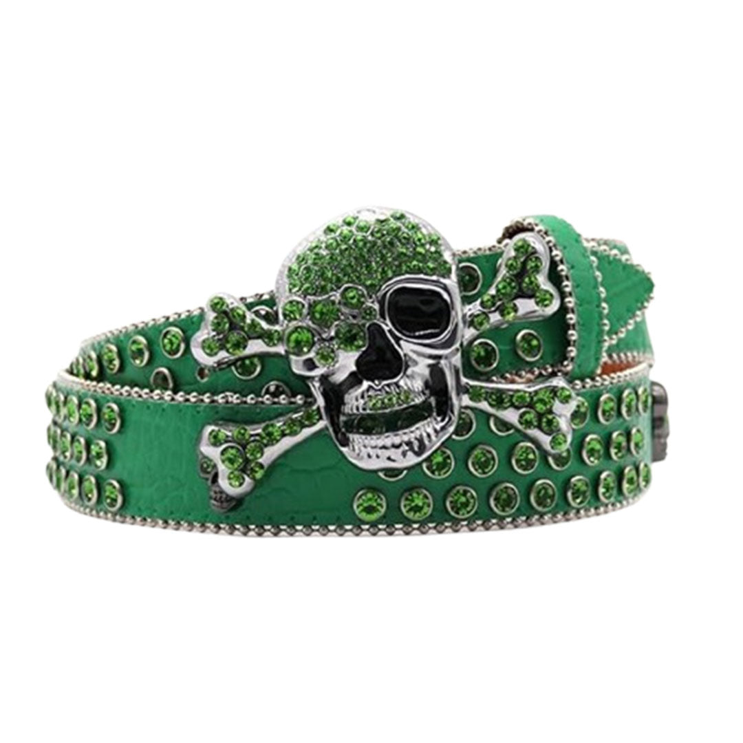 Metal Skull Buckle Green Strap With Green Studded Rhinestone Belt