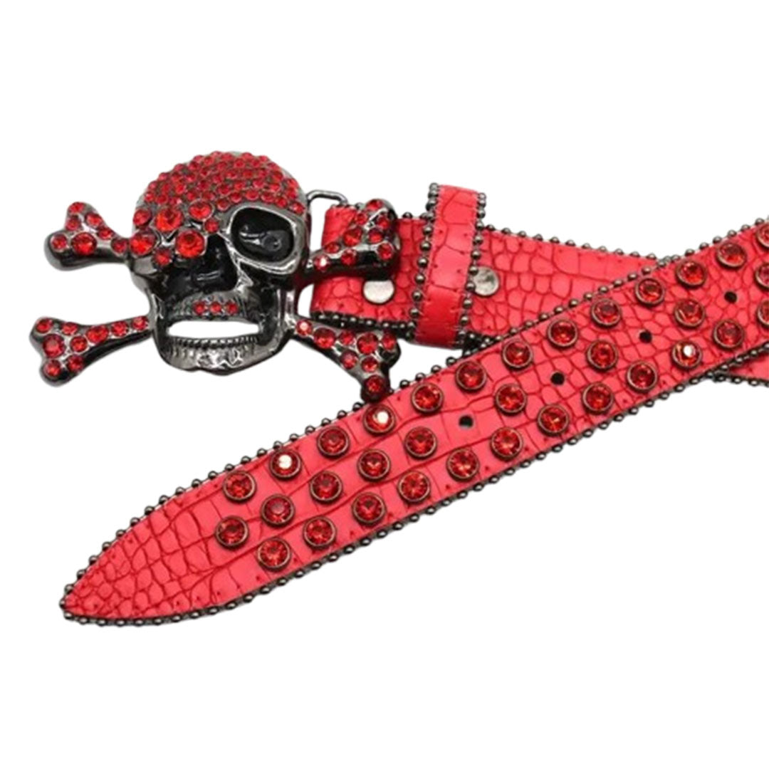 Metal Skull Buckle Red Strap With Red Studded Rhinestone Belt