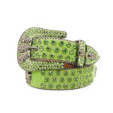 Skull Buckle Suede Green Strap With Green Studded Rhinestone Belt