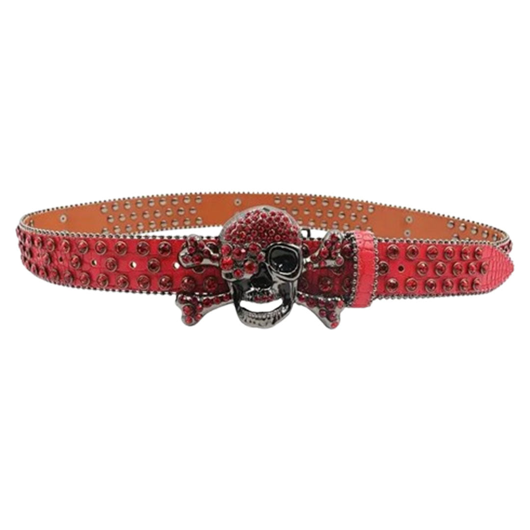 Metal Skull Buckle Red Strap With Red Studded Rhinestone Belt