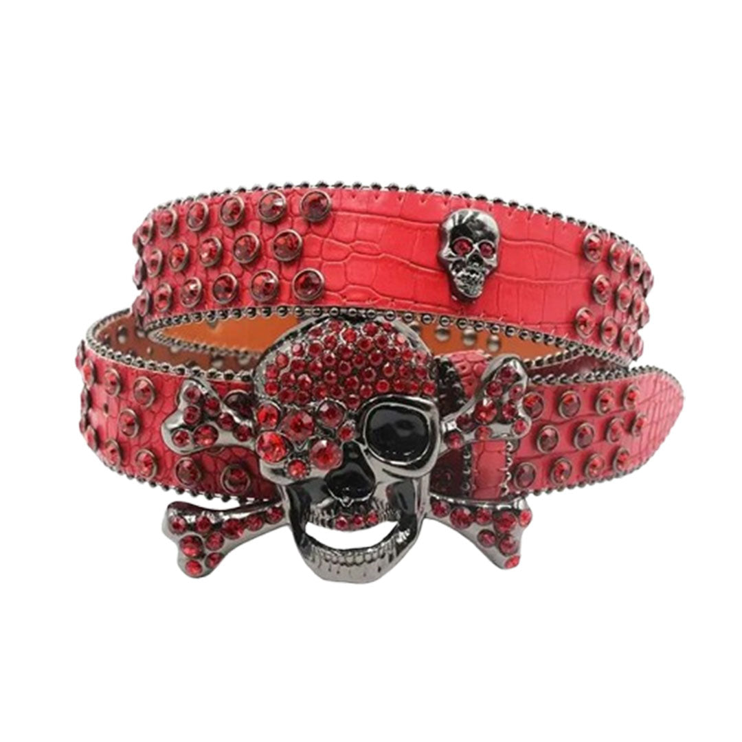 Metal Skull Buckle Red Strap With Red Studded Rhinestone Belt