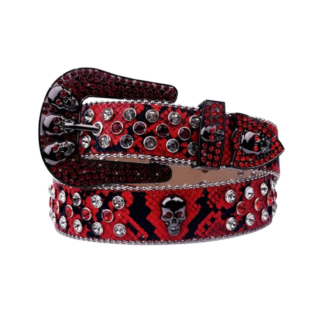Skull Buckle Patterned Red Strap With Red & Crystal Studded Rhinestone Belt