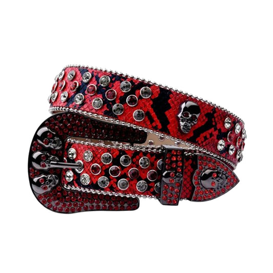 Skull Buckle Patterned Red Strap With Red & Crystal Studded Rhinestone Belt