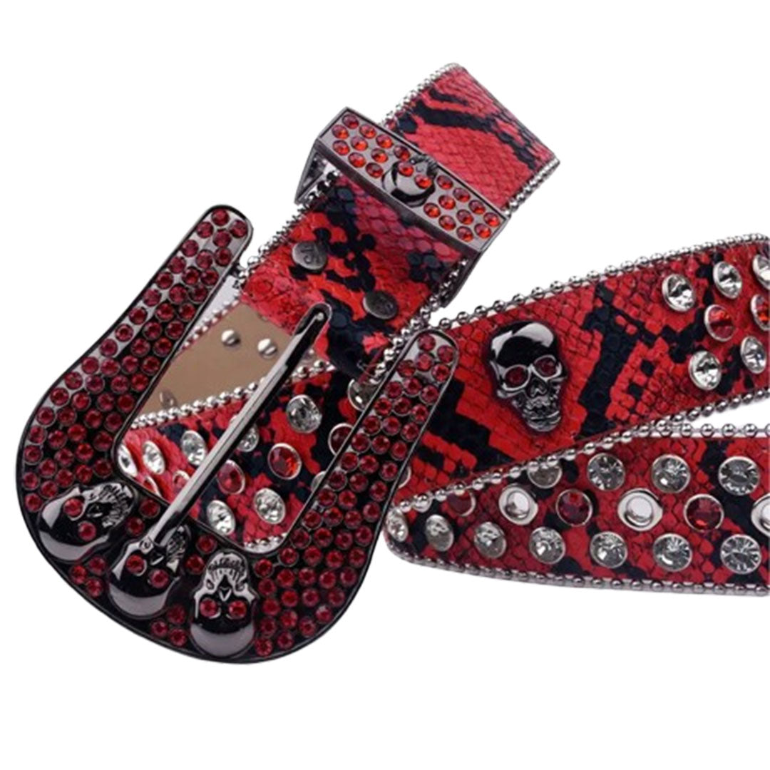 Skull Buckle Patterned Red Strap With Red & Crystal Studded Rhinestone Belt