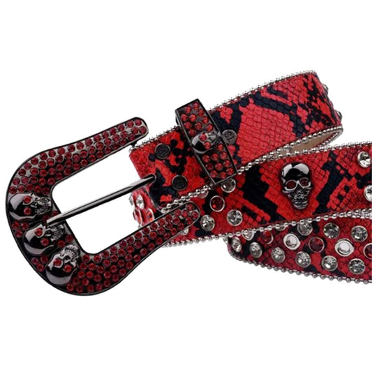 Skull Buckle Patterned Red Strap With Red & Crystal Studded Rhinestone Belt