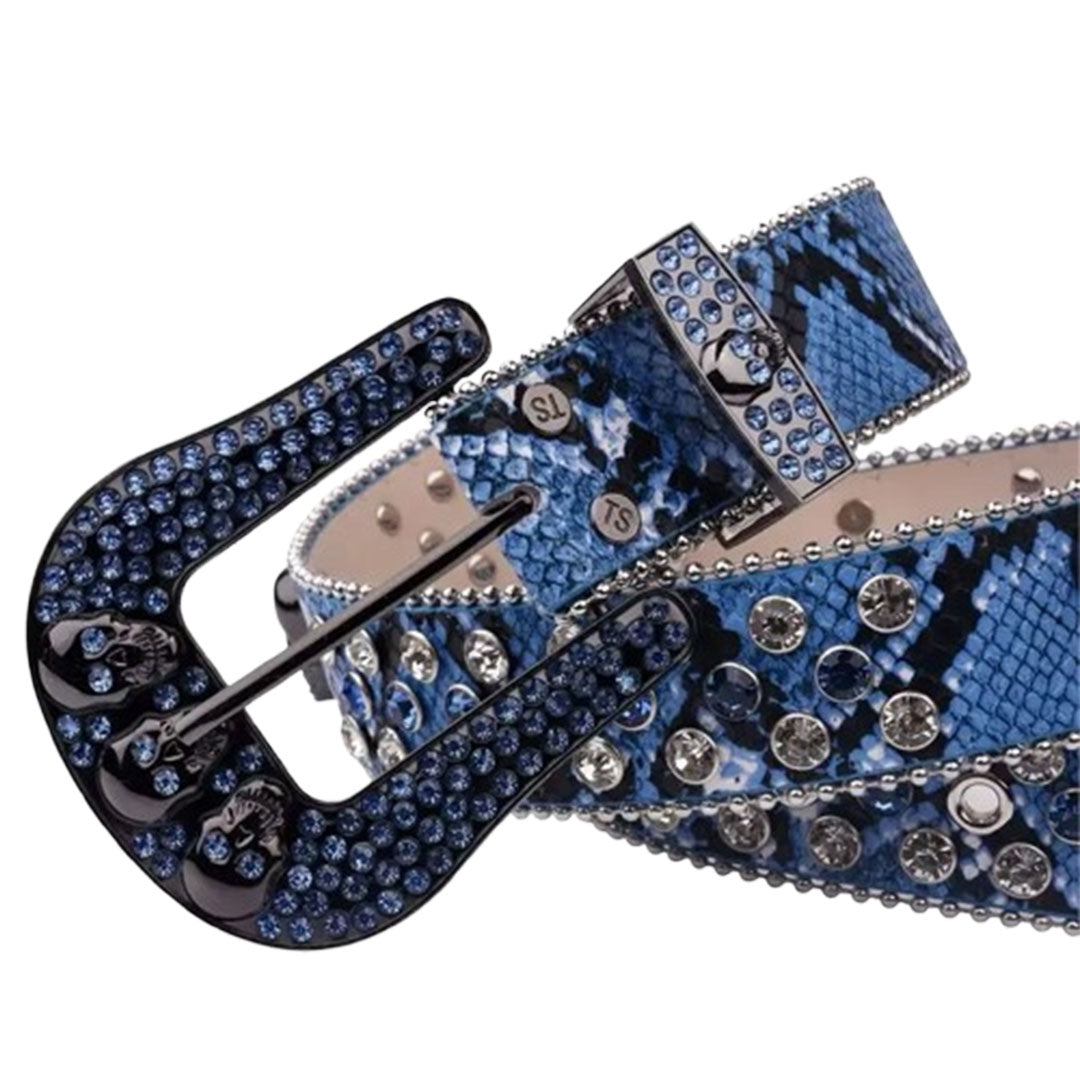Skull Buckle Patterned Blue Strap With Blue & Crystal Studded Rhinestone Belt