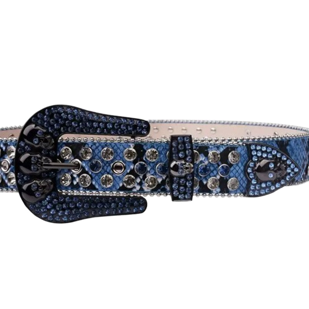 Skull Buckle Patterned Blue Strap With Blue & Crystal Studded Rhinestone Belt