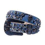 Skull Buckle Patterned Blue Strap With Blue & Crystal Studded Rhinestone Belt