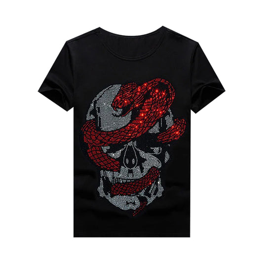Skull With Cobra Print Unique Rhinestone T-shirt
