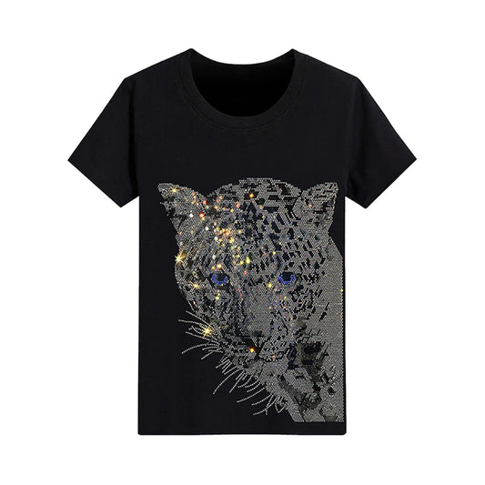 Leopard Print Fashion Drizzle Rhinestone T-shirt