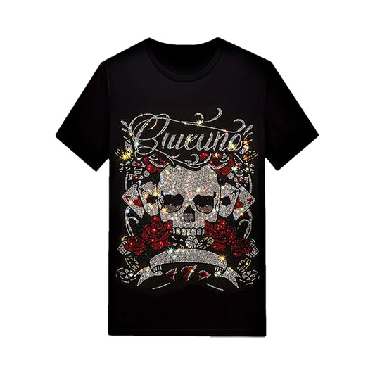 Rosses With Skull Designer Rhinestone T-shirt