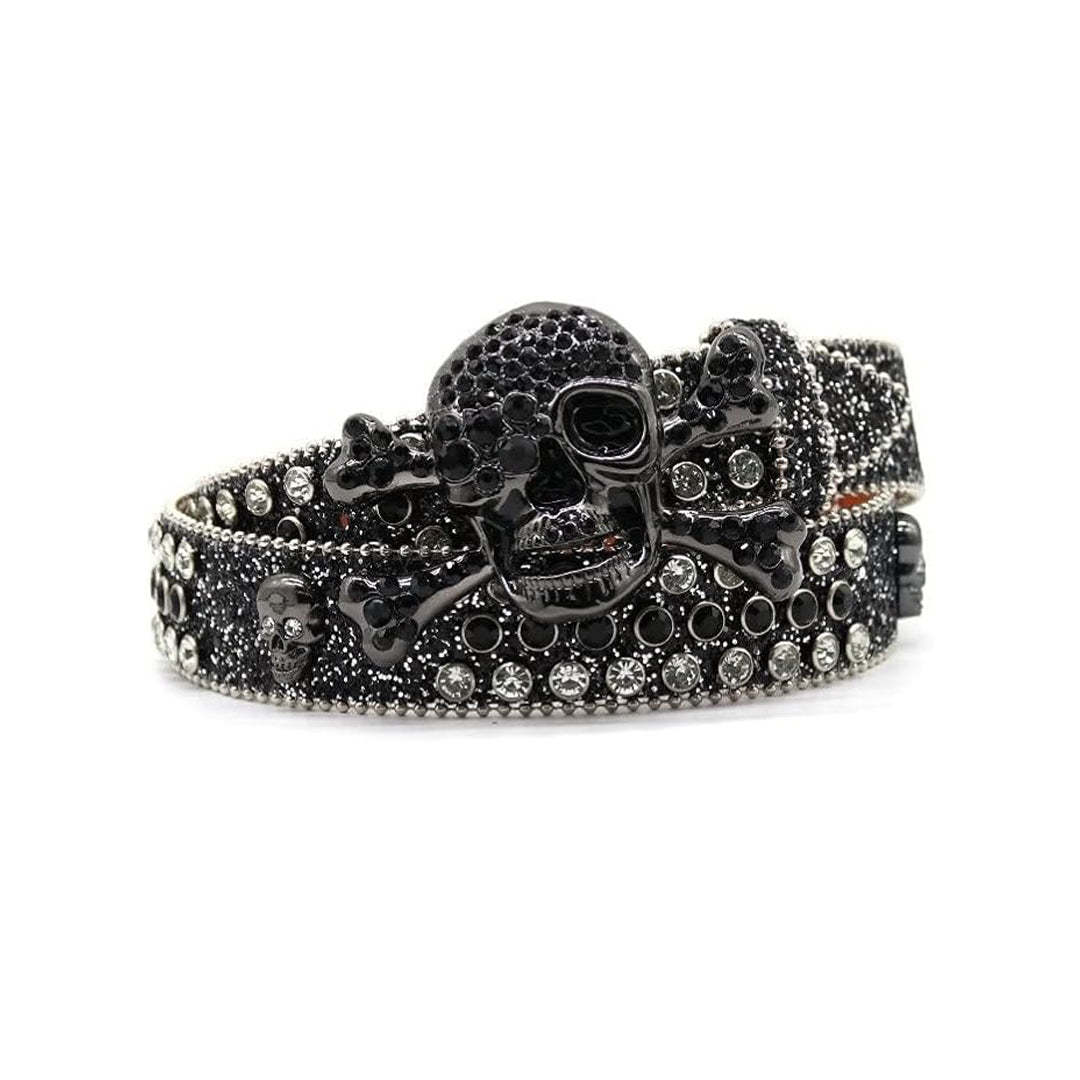 Metal Skull Buckle Shiny Black Strap With Black & Crystal Studded Rhinestone Belt