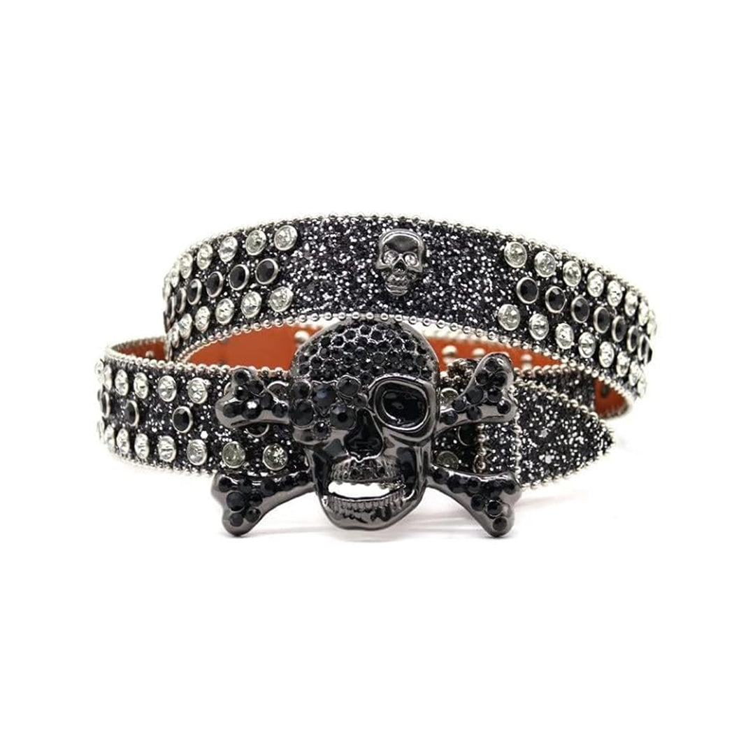 Metal Skull Buckle Shiny Black Strap With Black & Crystal Studded Rhinestone Belt