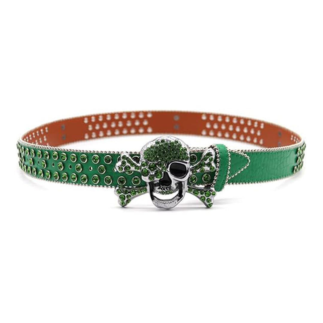 Metal Skull Buckle Green Strap With Green Studded Rhinestone Belt