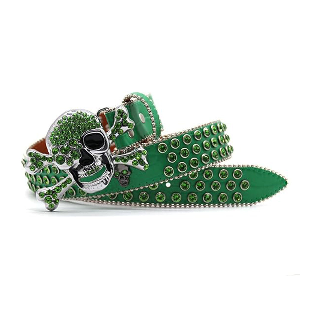 Metal Skull Buckle Green Strap With Green Studded Rhinestone Belt