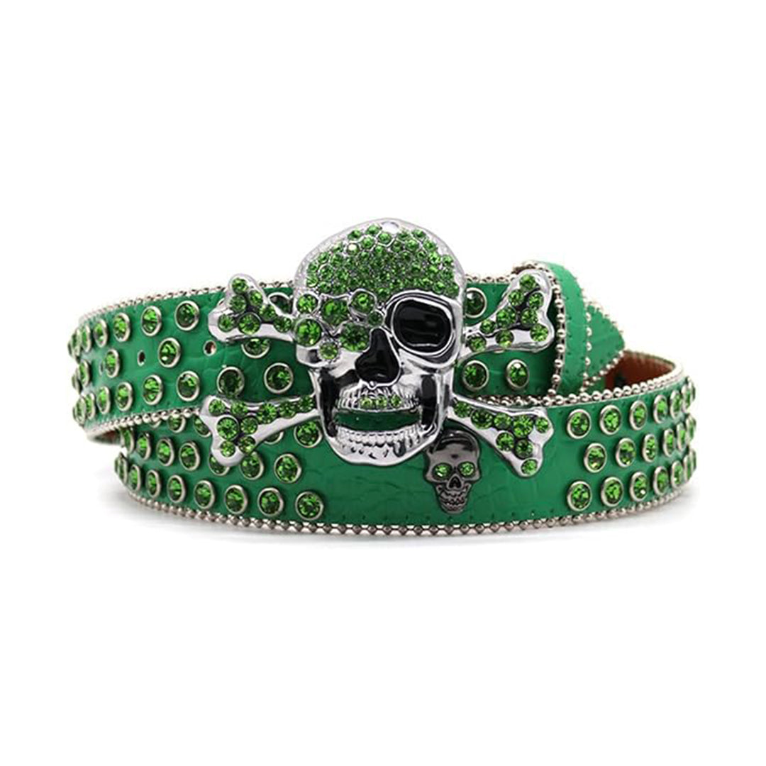 Metal Skull Buckle Green Strap With Green Studded Rhinestone Belt