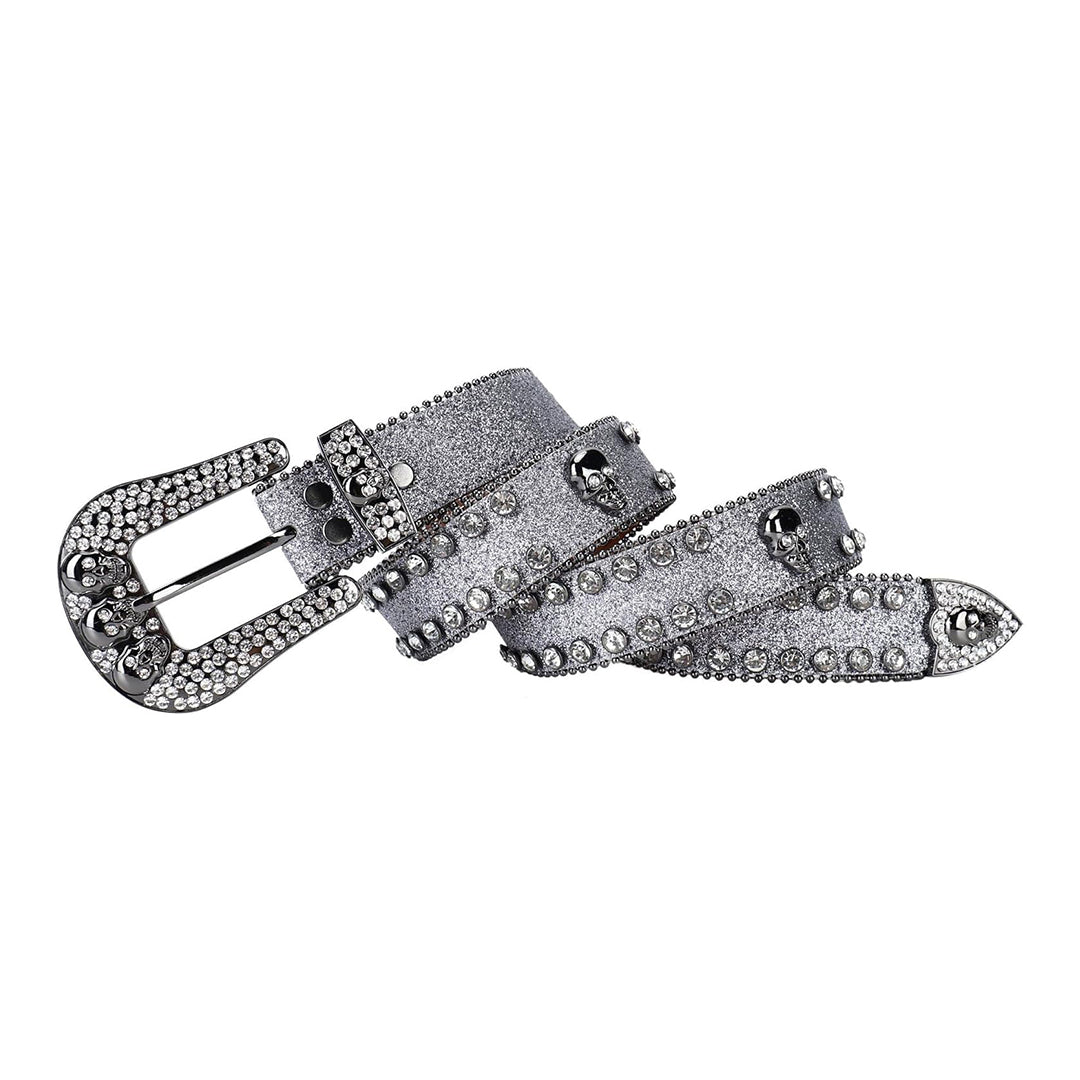 Skull Buckle Shiny Silver Strap With Silver Studded Rhinestone Belt