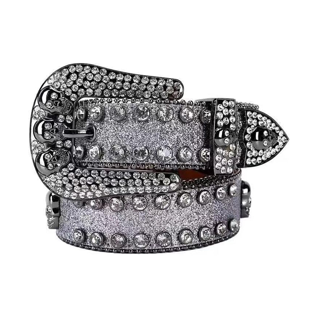 Skull Buckle Shiny Silver Strap With Silver Studded Rhinestone Belt