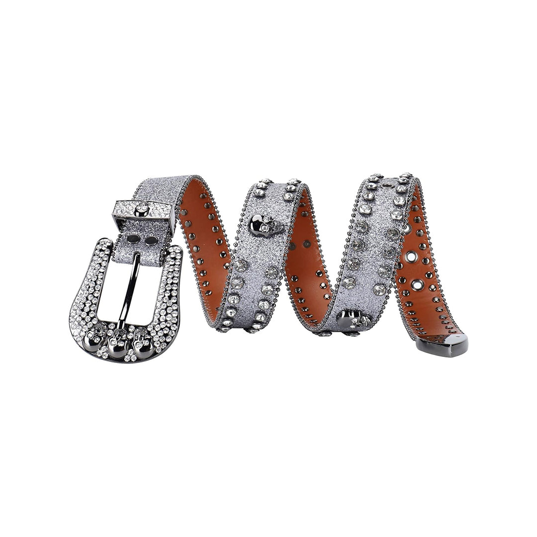 Skull Buckle Shiny Silver Strap With Silver Studded Rhinestone Belt