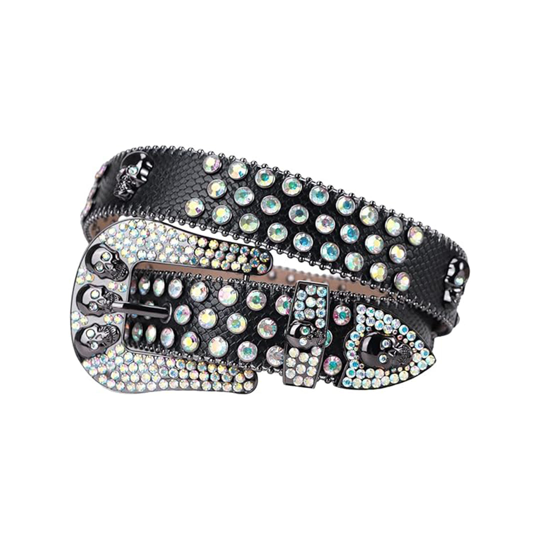 Skull Buckle Black Textured Strap With Multi Studded Rhinestone Belt