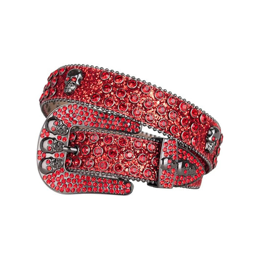Skull Buckle Shiny Red Strap With Red Studded Rhinestone Belt