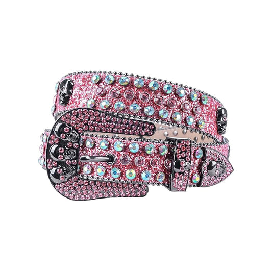 Skull Buckle Shiny Pink Strap With Multi & Pink Studded Rhinestone Belt
