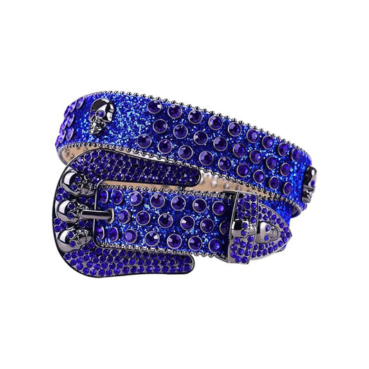 Skull Buckle Shiny Blue Strap With Blue Studded Rhinestone Belt