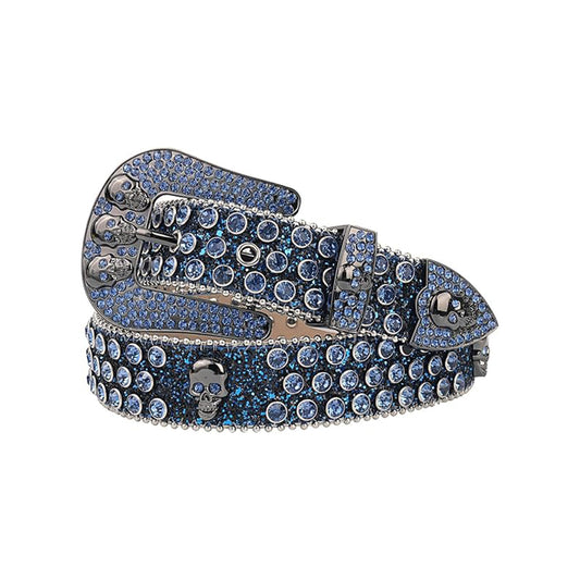 Skull Buckle Shiny Black Strap With Blue Studded Rhinestone Belt