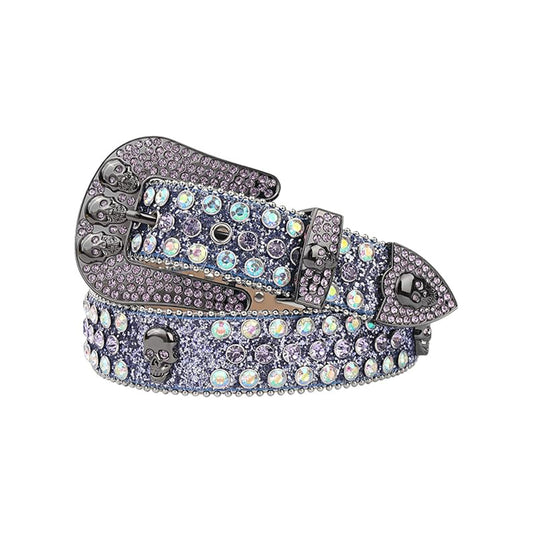 Skull Buckle Shiny Purple Strap With Multi & Purple Studded Rhinestone Belt