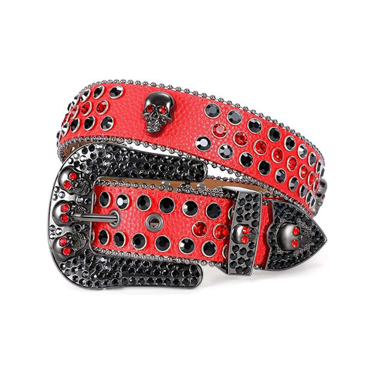 Skull Buckle Red Strap With Red & Black Studded Rhinestone Belt