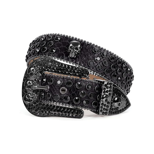 Skull Buckle Texture Black Strap With Black Studded Rhinestone Belt