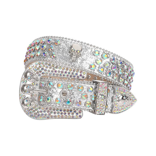Skull Buckle Shiny Silver Strap With Crystal Studded Rhinestone Belt